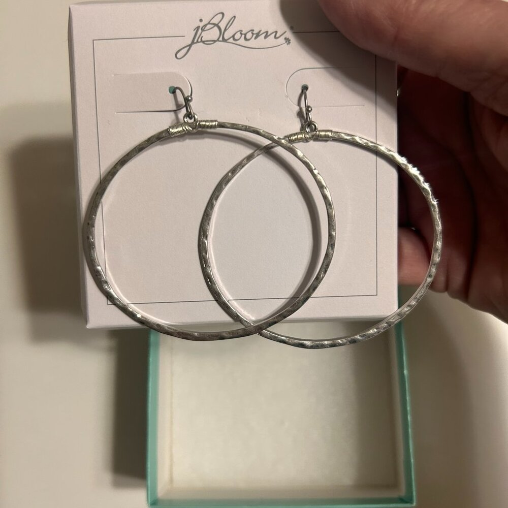 NWT JBloom Silver Tone large hammered finish hoops